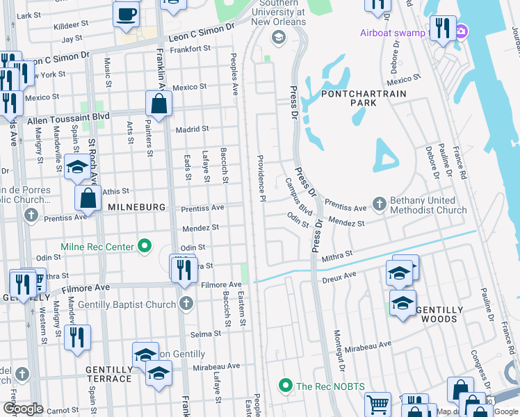 map of restaurants, bars, coffee shops, grocery stores, and more near 5614 Providence Place in New Orleans