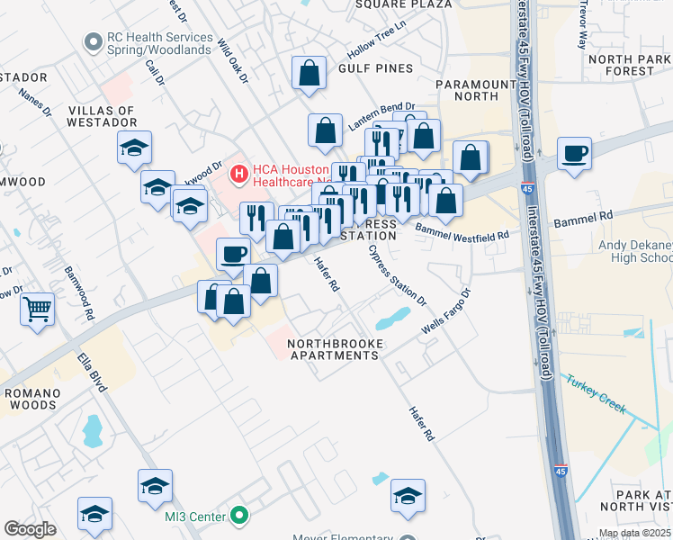 map of restaurants, bars, coffee shops, grocery stores, and more near 609 Cypress Creek Parkway in Houston