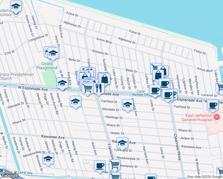 map of restaurants, bars, coffee shops, grocery stores, and more near 4421 Sonfield Street in Metairie
