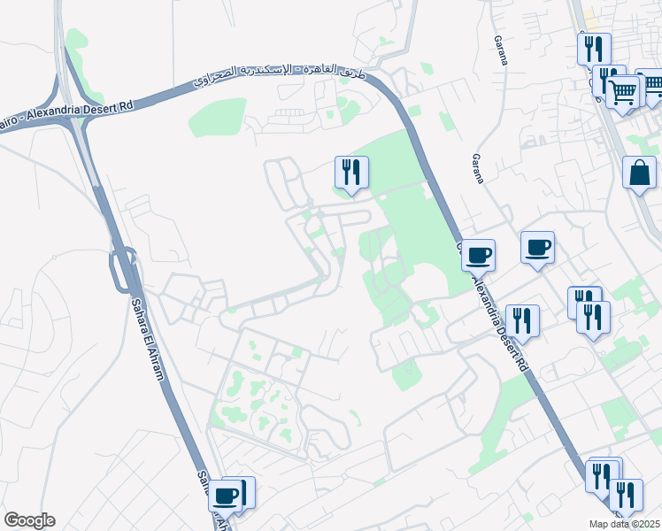 map of restaurants, bars, coffee shops, grocery stores, and more near Cairo - Alexandria Desert Road in Al Haram