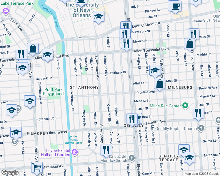 map of restaurants, bars, coffee shops, grocery stores, and more near 5738 Cameron Boulevard in New Orleans