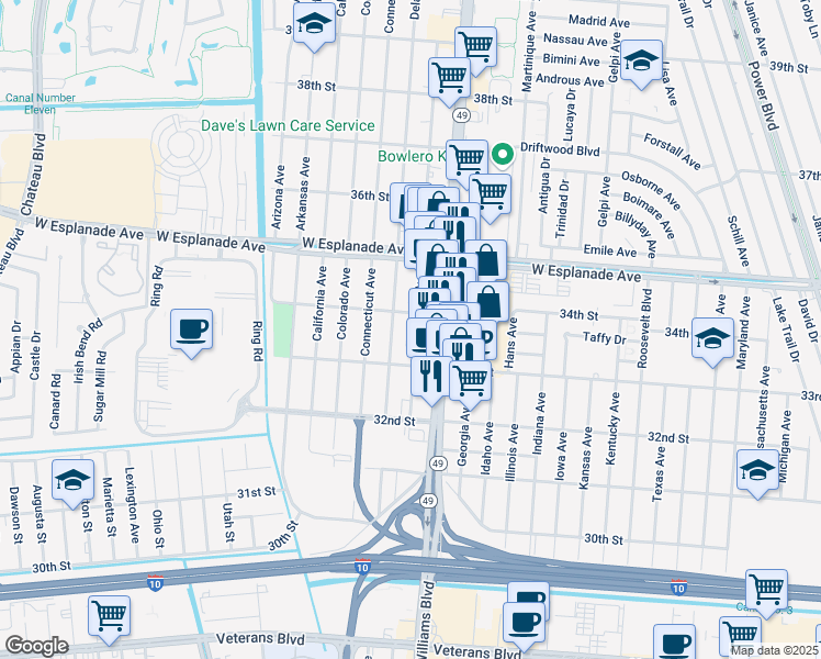 map of restaurants, bars, coffee shops, grocery stores, and more near 3404 Delaware Avenue in Kenner