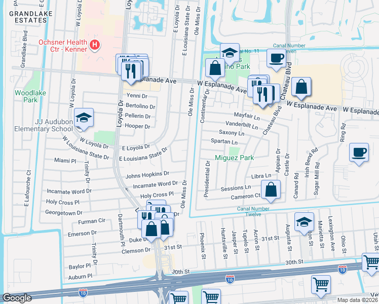map of restaurants, bars, coffee shops, grocery stores, and more near 509 Villanova Place in Kenner
