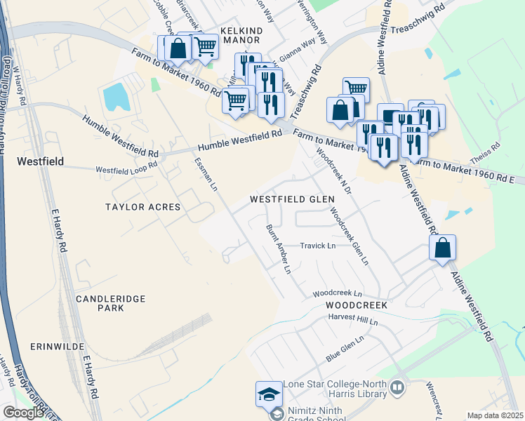 map of restaurants, bars, coffee shops, grocery stores, and more near 21231 Tancah Lane in Houston