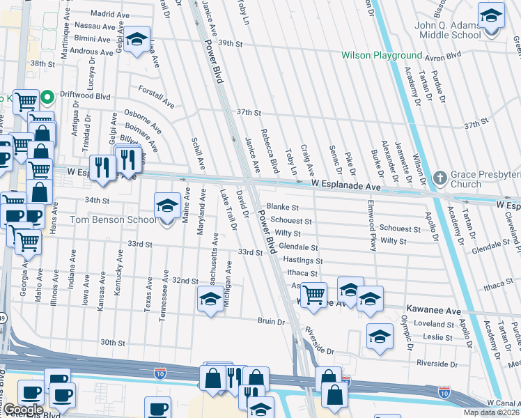 map of restaurants, bars, coffee shops, grocery stores, and more near Power Boulevard in Kenner