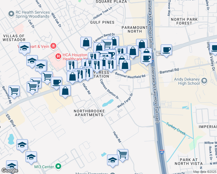 map of restaurants, bars, coffee shops, grocery stores, and more near 1539 Cypress Station Dr in Houston