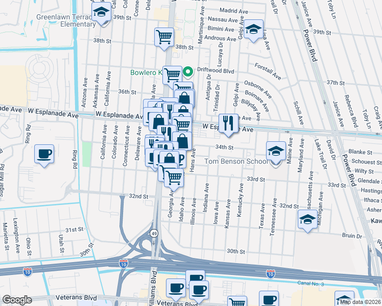 map of restaurants, bars, coffee shops, grocery stores, and more near 3319 Hans Avenue in Kenner