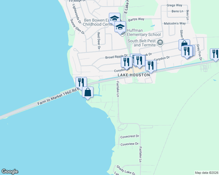 map of restaurants, bars, coffee shops, grocery stores, and more near 406 Ramsey Lane in Huffman