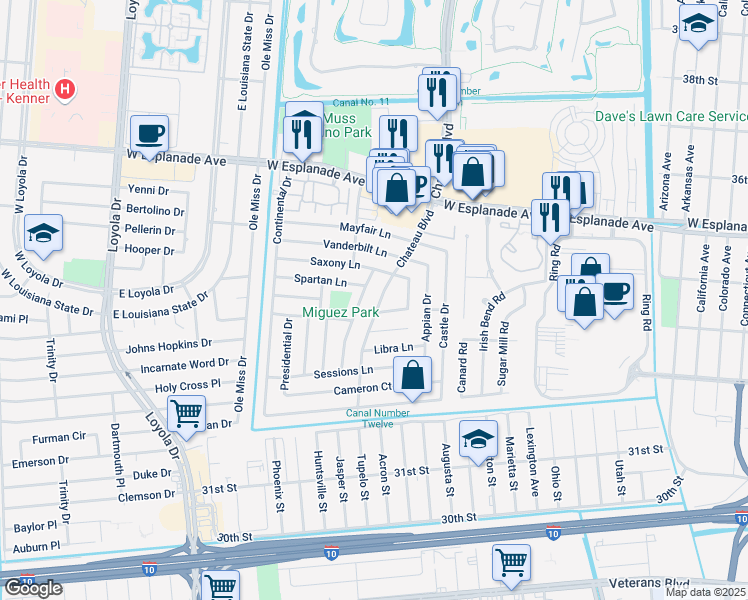 map of restaurants, bars, coffee shops, grocery stores, and more near 3312 Chateau Boulevard in Kenner