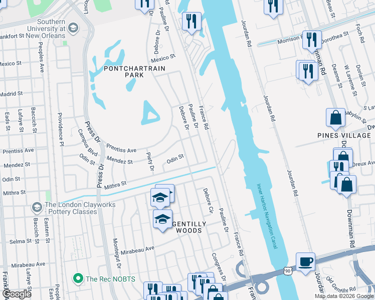 map of restaurants, bars, coffee shops, grocery stores, and more near 5523 Debore Drive in New Orleans