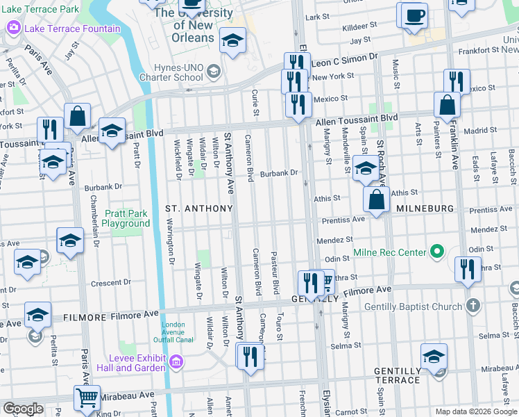 map of restaurants, bars, coffee shops, grocery stores, and more near 5738 Cameron Boulevard in New Orleans