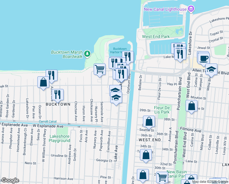 map of restaurants, bars, coffee shops, grocery stores, and more near 1632 Carrollton Avenue in Metairie