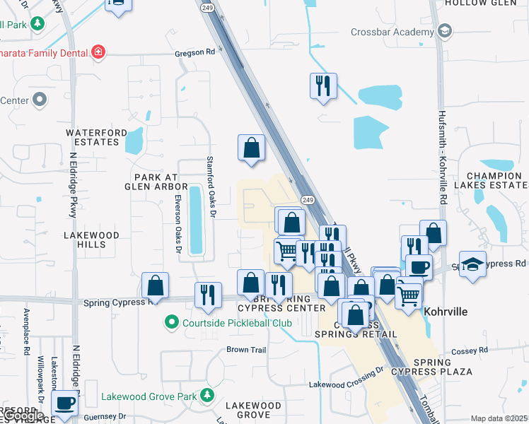 map of restaurants, bars, coffee shops, grocery stores, and more near 22803 Texas 249 Access Road in Tomball