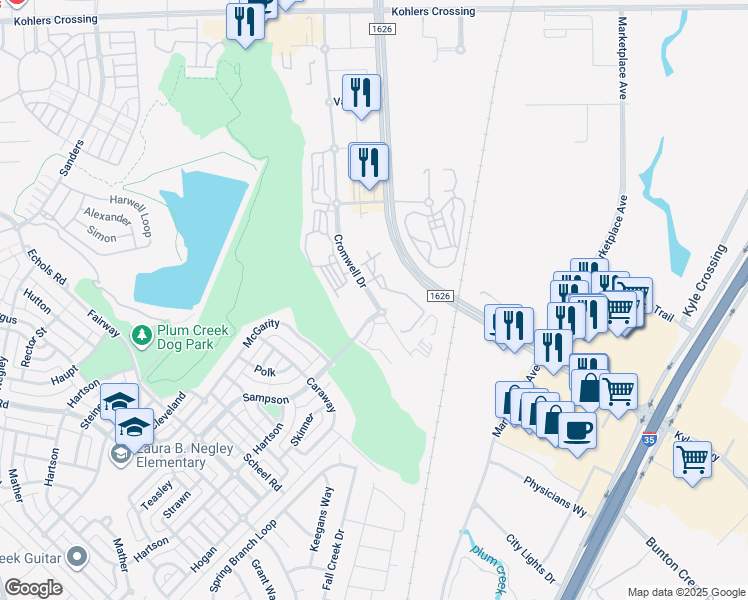 map of restaurants, bars, coffee shops, grocery stores, and more near 4814 Cromwell Drive in Kyle