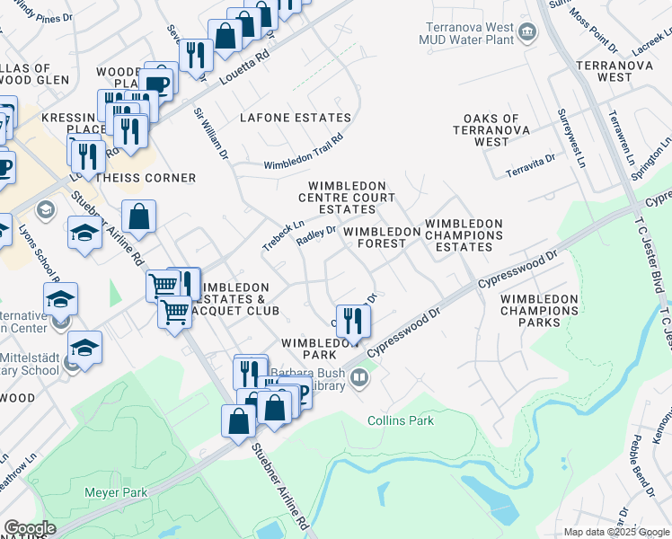 map of restaurants, bars, coffee shops, grocery stores, and more near 16323 North Greenfield Drive in Spring