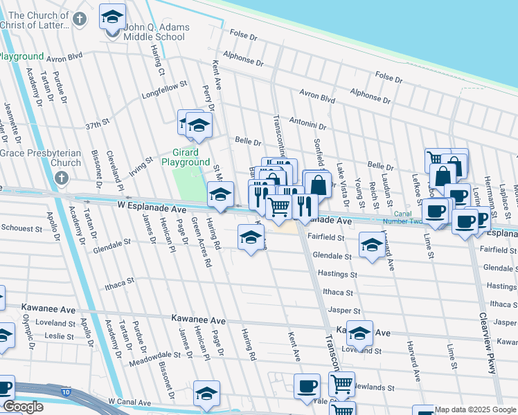 map of restaurants, bars, coffee shops, grocery stores, and more near West Esplanade Avenue in Jefferson Parish