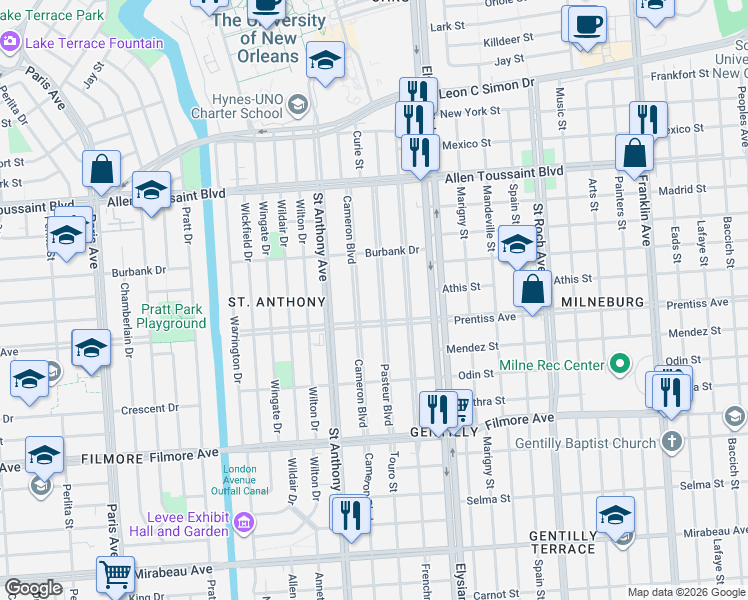 map of restaurants, bars, coffee shops, grocery stores, and more near 5741 Pasteur Boulevard in New Orleans