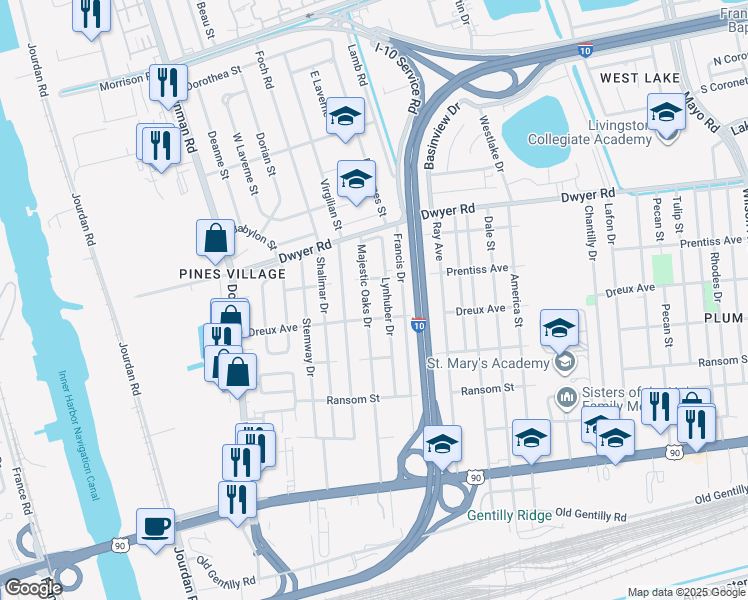 map of restaurants, bars, coffee shops, grocery stores, and more near 4751 Lynhuber Drive in New Orleans