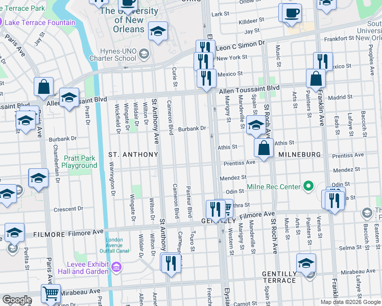 map of restaurants, bars, coffee shops, grocery stores, and more near 5741 Pasteur Boulevard in New Orleans