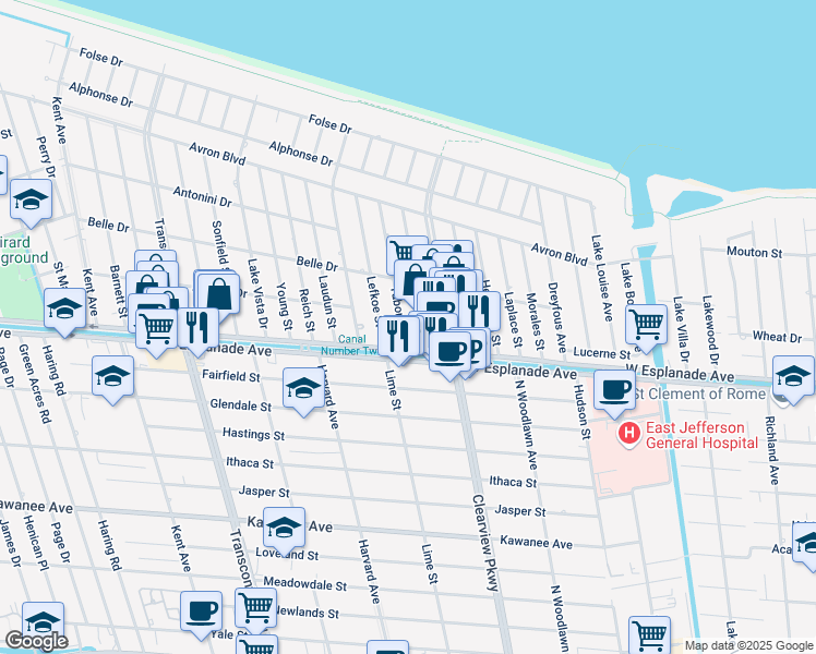 map of restaurants, bars, coffee shops, grocery stores, and more near 4516 Tabony Street in Metairie