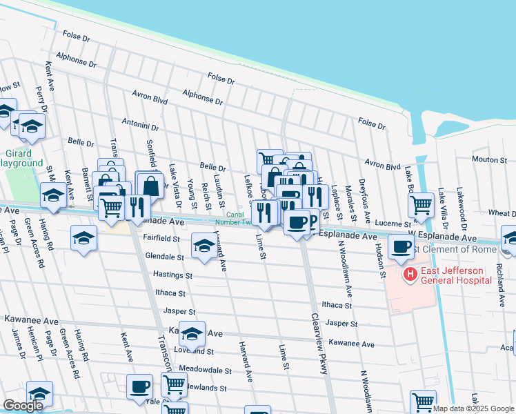 map of restaurants, bars, coffee shops, grocery stores, and more near 4516 Tabony Street in Metairie