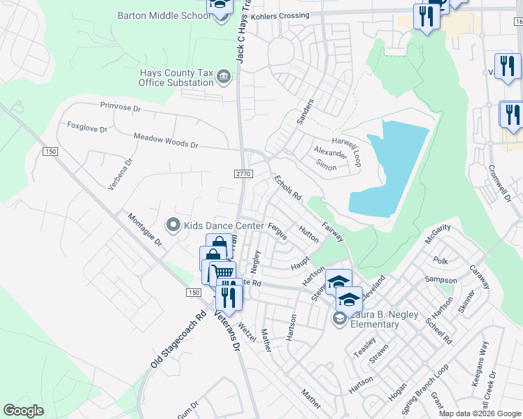 map of restaurants, bars, coffee shops, grocery stores, and more near 301A Utterback in Kyle