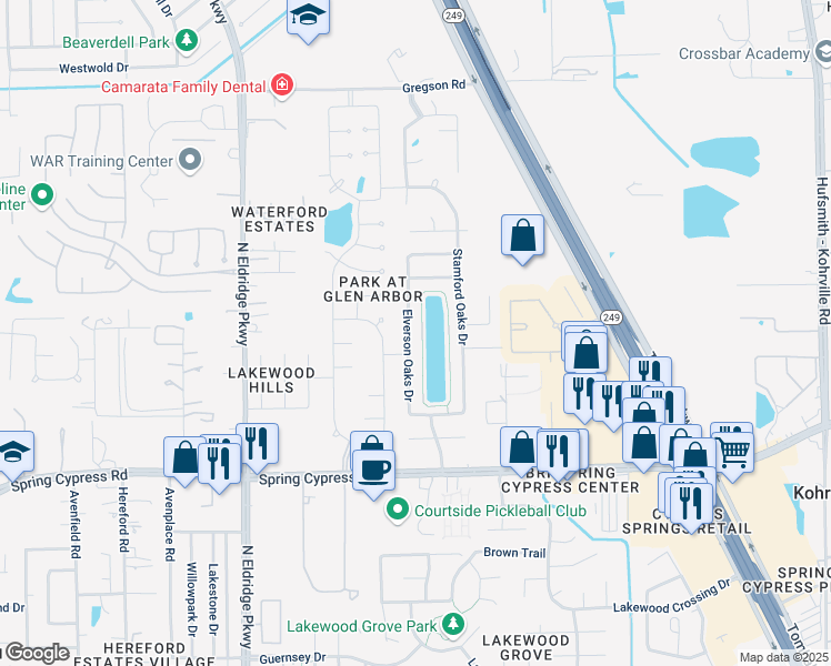 map of restaurants, bars, coffee shops, grocery stores, and more near 17422 Elverson Oaks Drive in Tomball