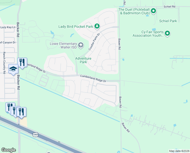 map of restaurants, bars, coffee shops, grocery stores, and more near Samuel Oaks Drive in Harris County