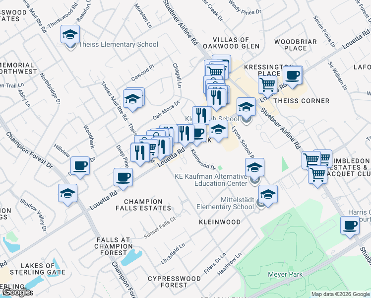 map of restaurants, bars, coffee shops, grocery stores, and more near in Klein