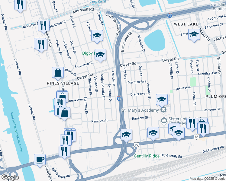 map of restaurants, bars, coffee shops, grocery stores, and more near 4751 Lynhuber Drive in New Orleans