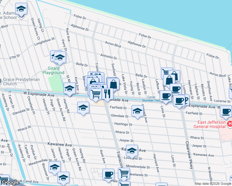 map of restaurants, bars, coffee shops, grocery stores, and more near 4421 Sonfield Street in Metairie