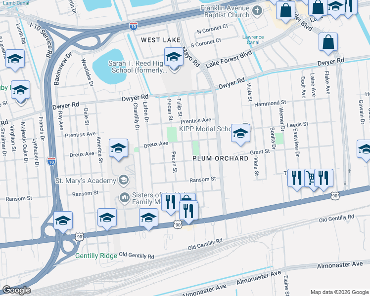 map of restaurants, bars, coffee shops, grocery stores, and more near 4756 Lonely Oak Drive in New Orleans