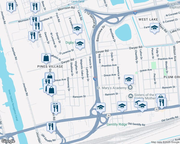 map of restaurants, bars, coffee shops, grocery stores, and more near 4751 Lynhuber Drive in New Orleans