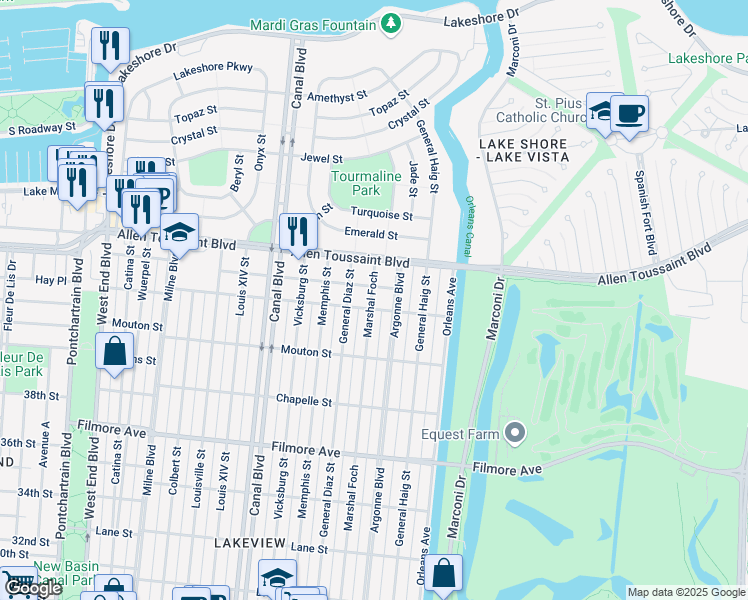 map of restaurants, bars, coffee shops, grocery stores, and more near 7033 Marshal Foch in New Orleans
