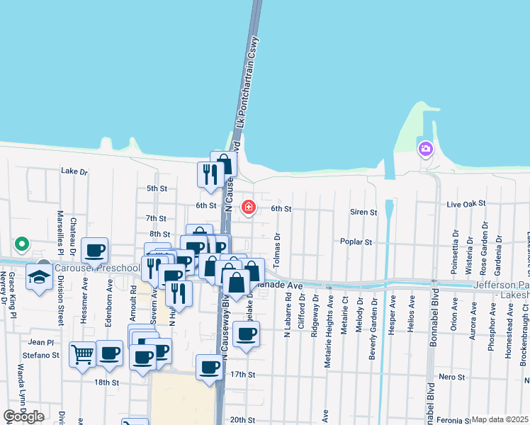 map of restaurants, bars, coffee shops, grocery stores, and more near 3837 Ridgelake Drive in Metairie
