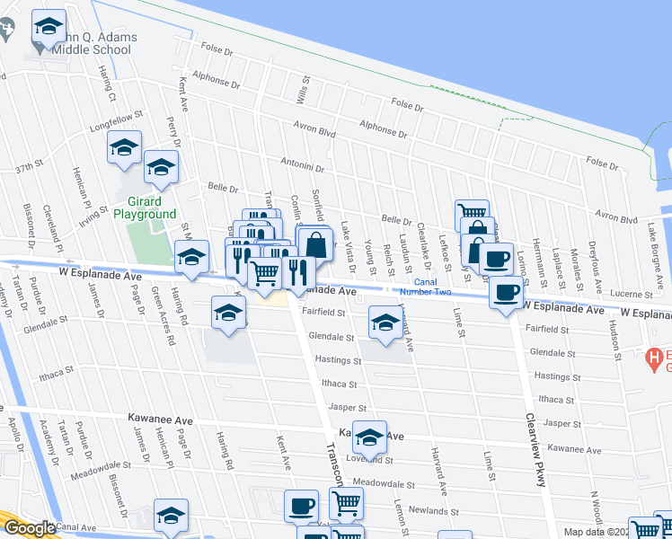 map of restaurants, bars, coffee shops, grocery stores, and more near 4421 Sonfield Street in Metairie