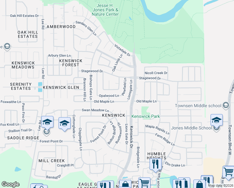 map of restaurants, bars, coffee shops, grocery stores, and more near 8418 Carmelwood Lane in Humble