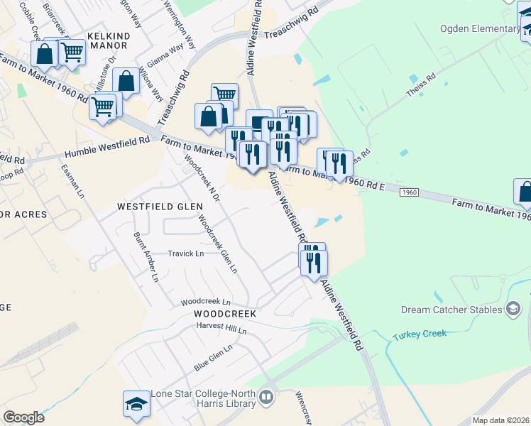 map of restaurants, bars, coffee shops, grocery stores, and more near 21021 Aldine Westfield Road in Humble