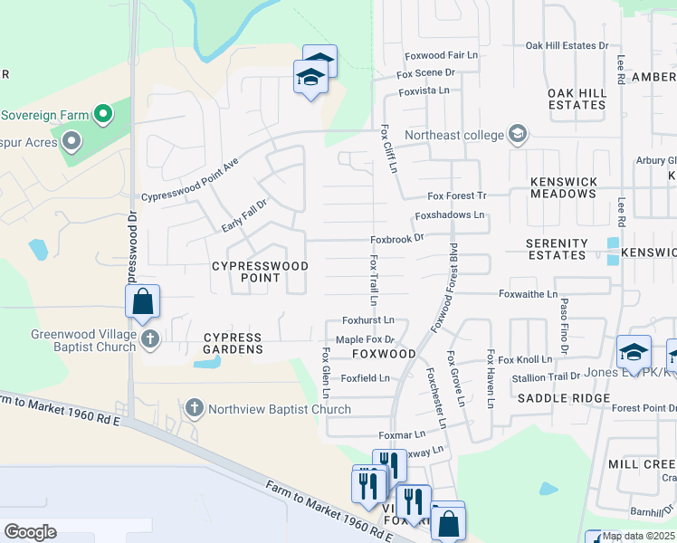 map of restaurants, bars, coffee shops, grocery stores, and more near 6919 Foxport Lane in Humble