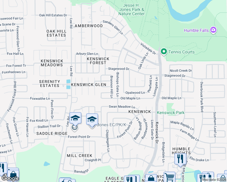map of restaurants, bars, coffee shops, grocery stores, and more near 20938 Brannon Hill Lane in Humble