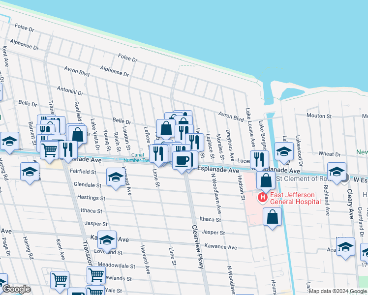 map of restaurants, bars, coffee shops, grocery stores, and more near 4509 Lorino Street in Metairie