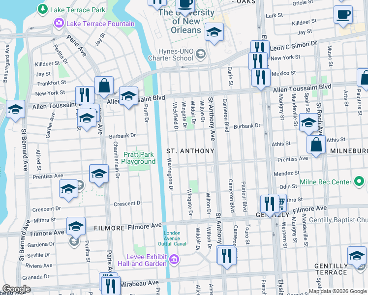 map of restaurants, bars, coffee shops, grocery stores, and more near 5744 Wildair Drive in New Orleans
