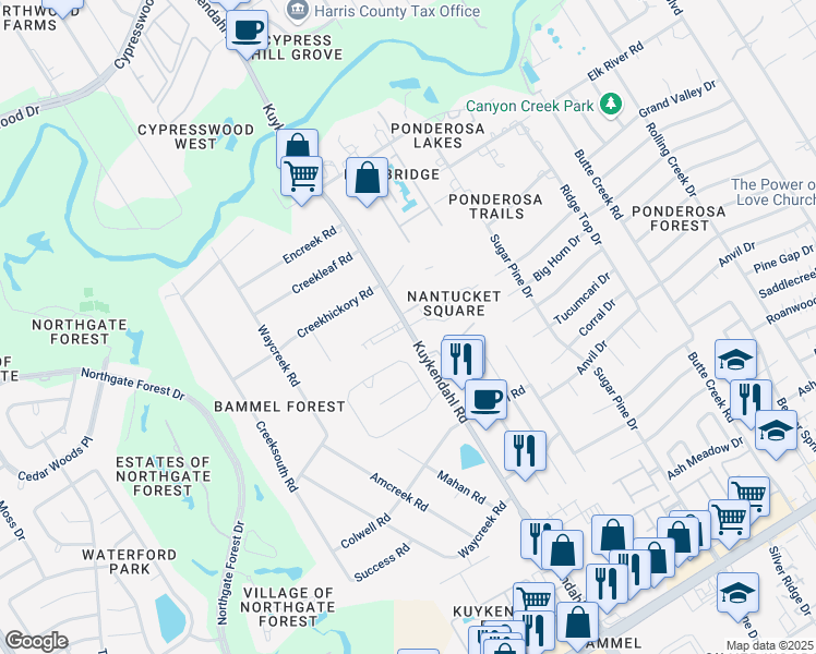 map of restaurants, bars, coffee shops, grocery stores, and more near Kuykendahl Road & Place Rebecca Lane in Houston