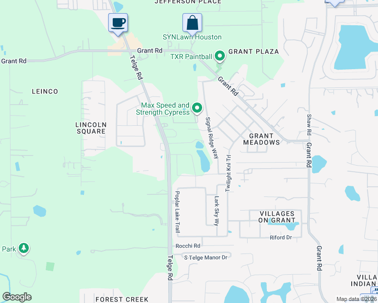 map of restaurants, bars, coffee shops, grocery stores, and more near 16736 Telge Road in Cypress