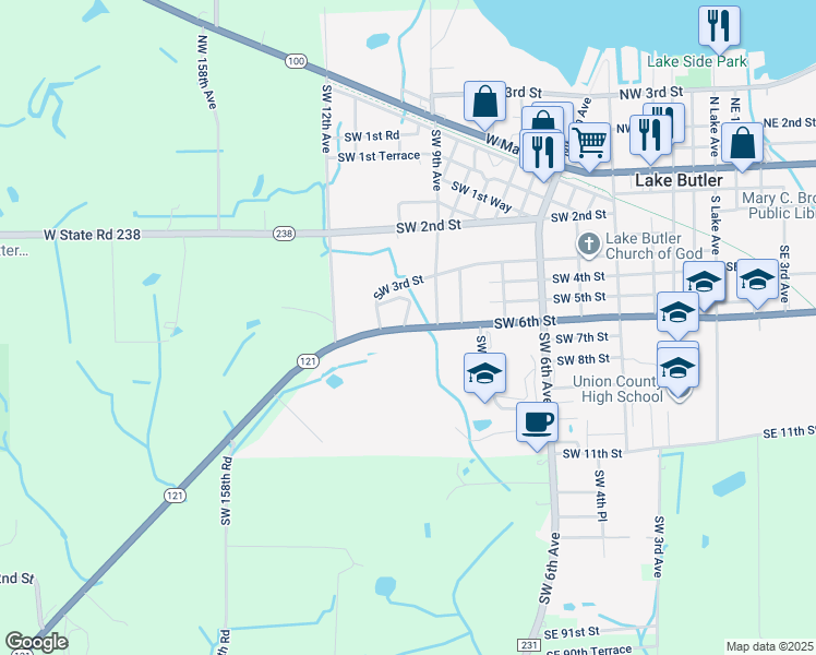 map of restaurants, bars, coffee shops, grocery stores, and more near 504 Southwest 6th Street in Lake Butler