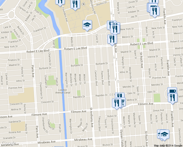 map of restaurants, bars, coffee shops, grocery stores, and more near 5738 Cameron Boulevard in New Orleans