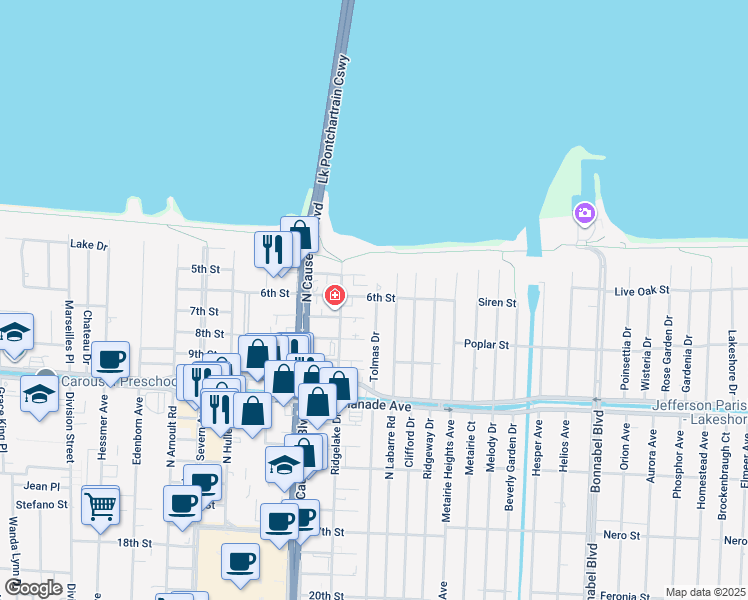 map of restaurants, bars, coffee shops, grocery stores, and more near 4001 Tolmas Drive in Metairie