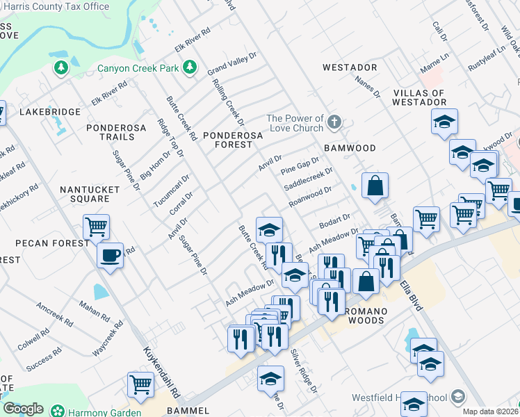 map of restaurants, bars, coffee shops, grocery stores, and more near 1618 Canyon Springs Drive in Houston