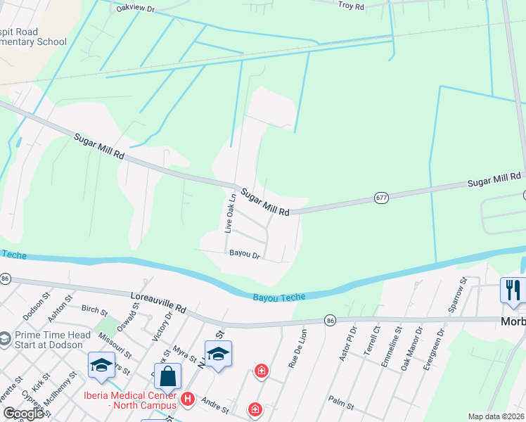 map of restaurants, bars, coffee shops, grocery stores, and more near 2814 Sugar Mill Road in New Iberia
