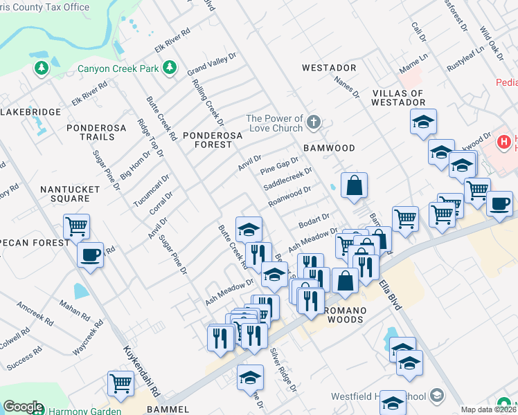map of restaurants, bars, coffee shops, grocery stores, and more near 1618 Canyon Springs Drive in Houston